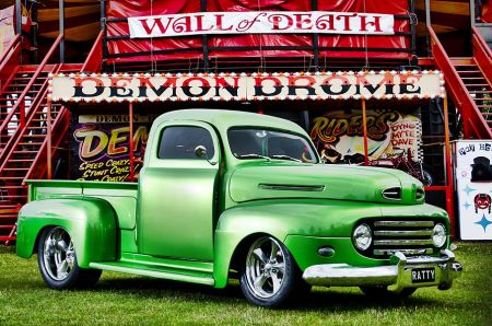 hot rod in front of the wall of death